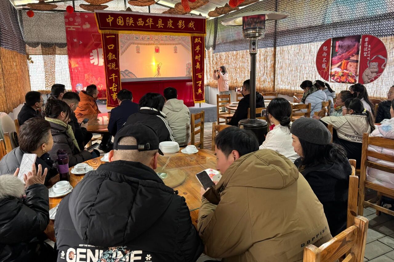 来自“中国皮影艺术之乡”陕西华县的皮影戏班在栈道渔村餐厅里精彩亮相。